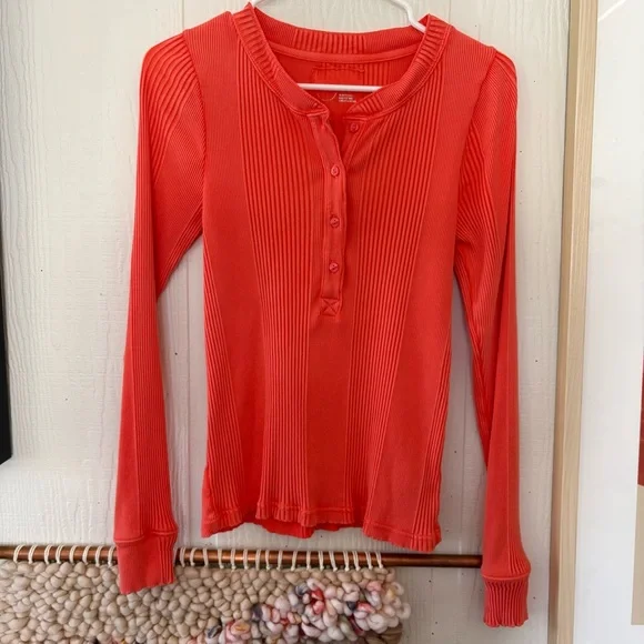 aerie Long Sleeve Ribbed Henley Tee in Bright Red-Orange - Picture 1 of 2